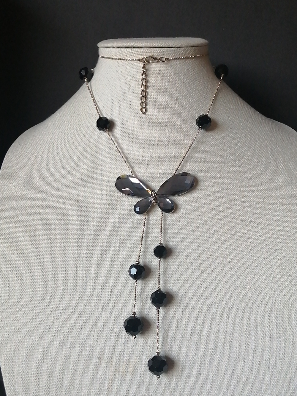Long Station Black Faceted Crystal Butterfly Lariat Goldtone Necklace
